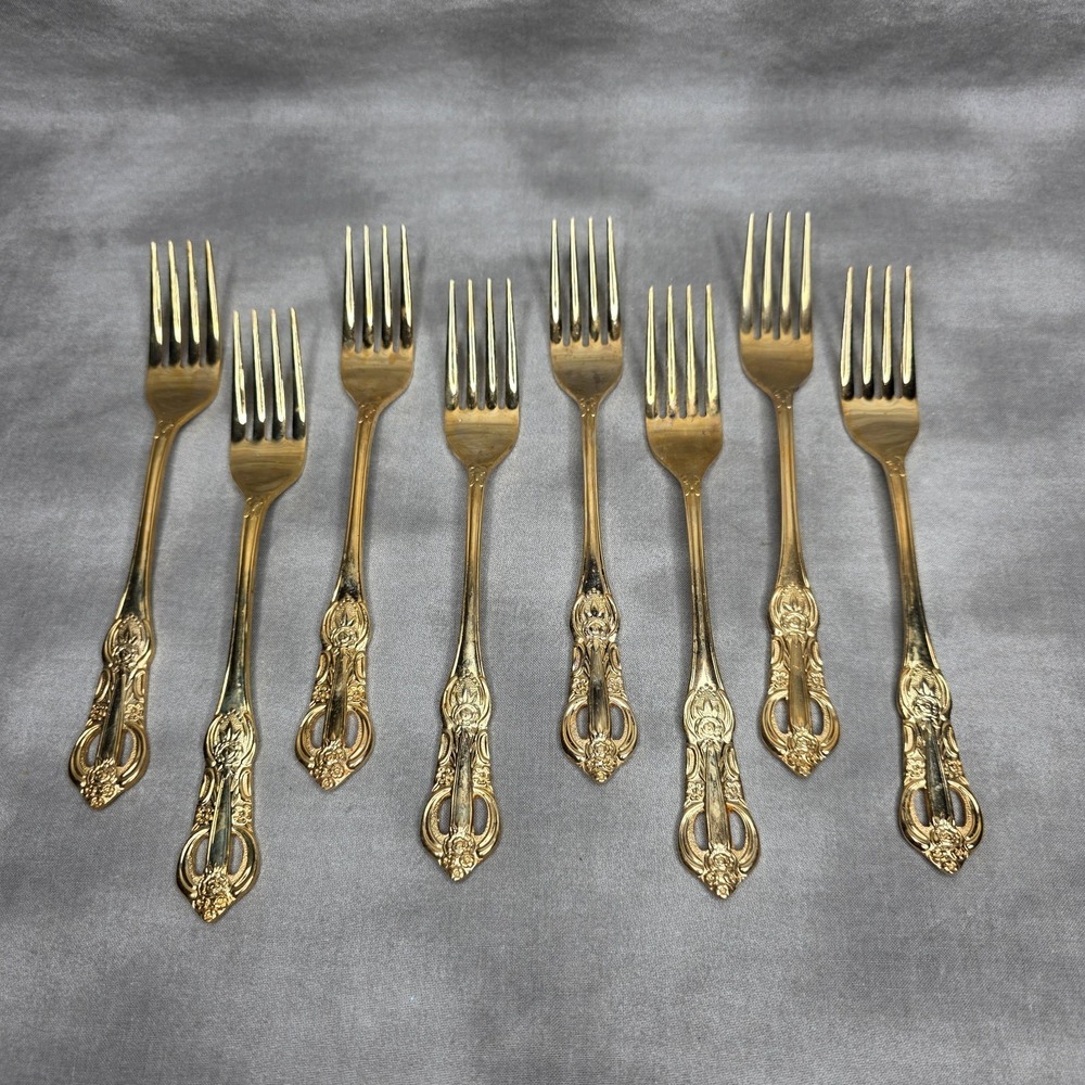 (X8) Hanford Forge Princeton Gold Electroplate Dinner Forks 7.5" Vtg